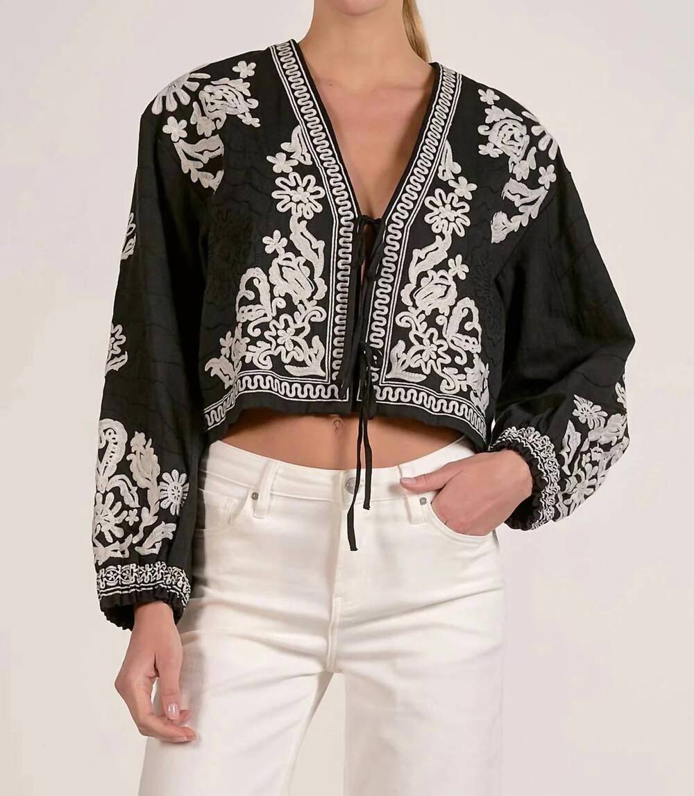 NEW ELAN embroidered tie front jacket in black